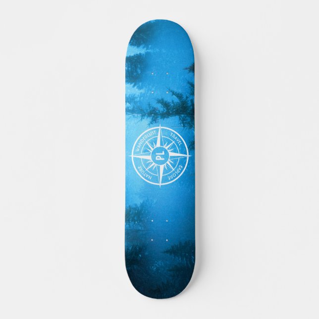 Compass star emblem monogram fog in spruce forest skateboard (Front)
