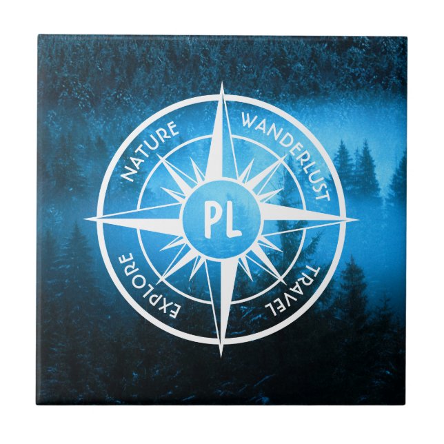 Compass star emblem monogram fog in spruce forest tile (Front)