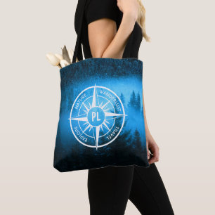 Compass star emblem monogram fog in spruce forest tote bag
