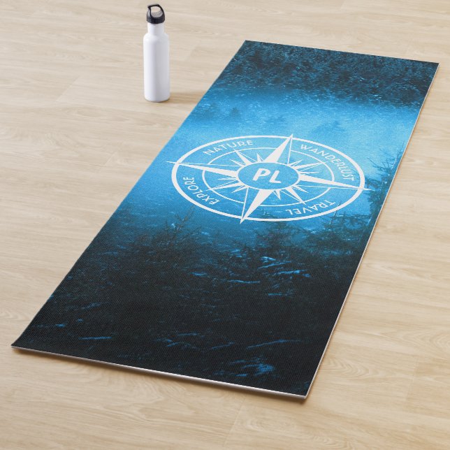 Compass star emblem monogram fog in spruce forest yoga mat (In Situ)