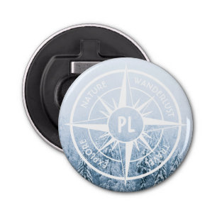 Compass star emblem monogram winter spruce forest bottle opener