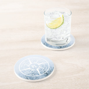Compass star emblem monogram winter spruce forest coaster