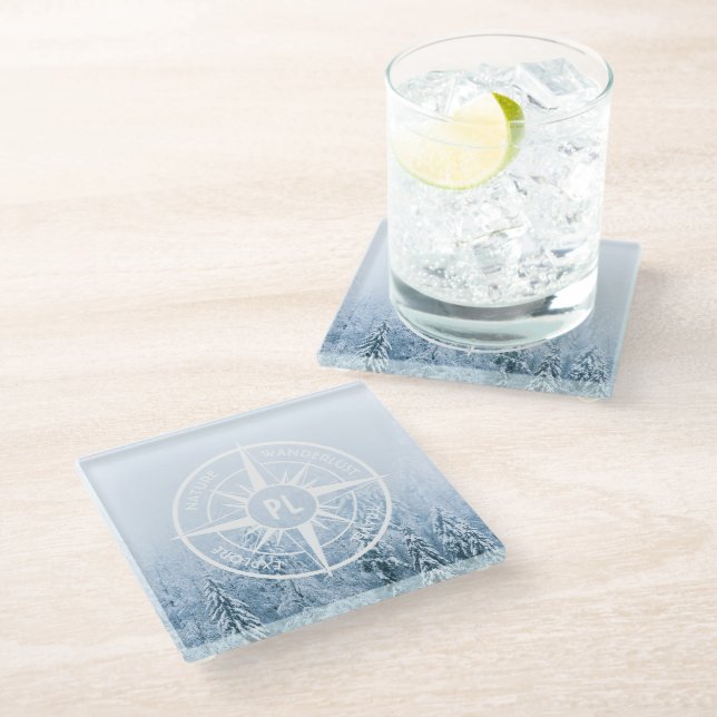 Compass star emblem monogram winter spruce forest glass coaster (Angled)