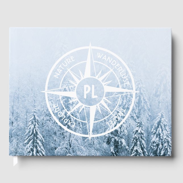 Compass star emblem monogram winter spruce forest guest book (Front)