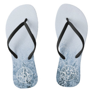 Compass star emblem monogram winter spruce forest jandals
