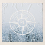 Compass star emblem monogram winter spruce forest scarf<br><div class="desc">Compass star with a photo of a fog in a frosty winter spruce forest with emblems wanderlust,  nature,  travel and explore that are customisable so you can write your own texts. In the centre of the star is a personalised monogram. Perfect for nature lovers hikers and travellers.</div>