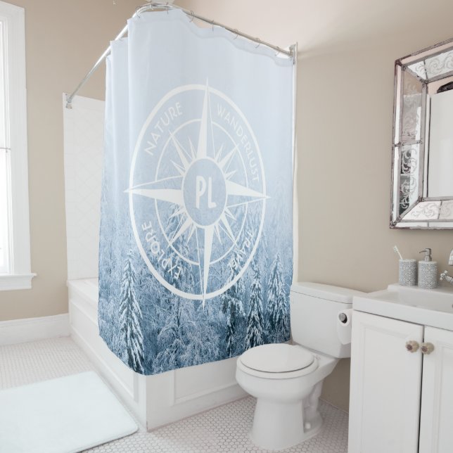 Compass star emblem monogram winter spruce forest shower curtain (In Situ)