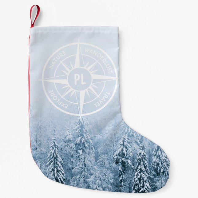 Compass star emblem monogram winter spruce forest small christmas stocking (Front)