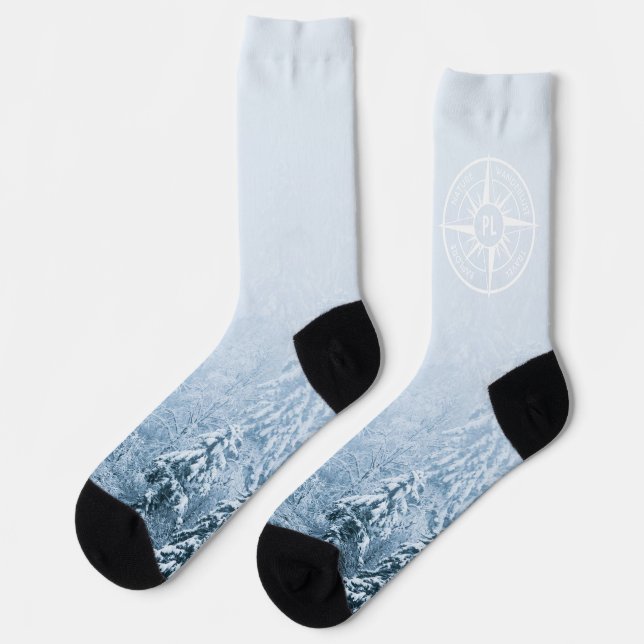 Compass star emblem monogram winter spruce forest socks (Left)