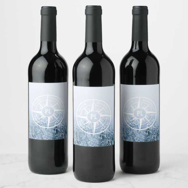 Compass star emblem monogram winter spruce forest wine label (Bottles)