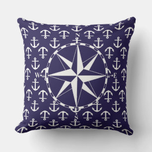 Compass White and Blue Nautical Anchor Pattern Outdoor Cushion