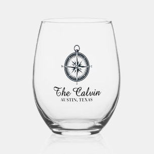 Compass with Boat Name Stemless Wine Glass