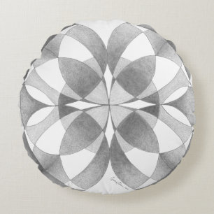 "Compassion & Balance" Mandala, Black, Gray, White Round Cushion