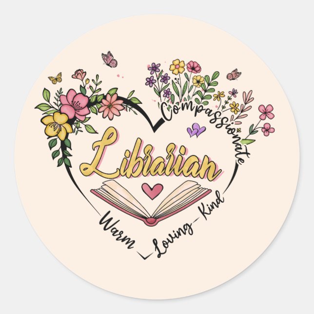 Compassionate Librarian – Floral Heart Design Classic Round Sticker (Front)