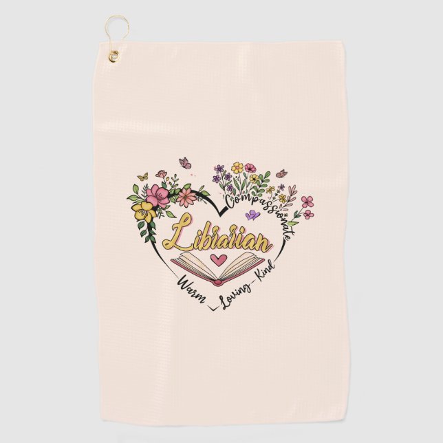 Compassionate Librarian – Floral Heart Design Golf Towel (Front)