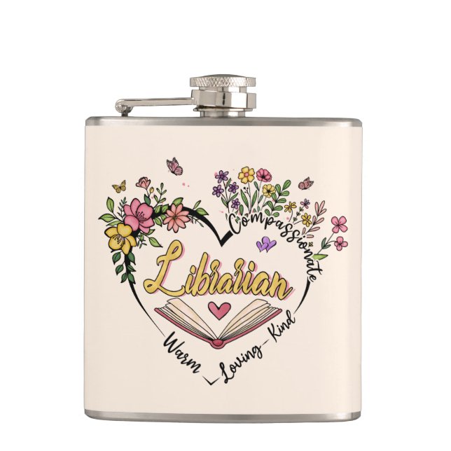 Compassionate Librarian – Floral Heart Design Hip Flask (Front)