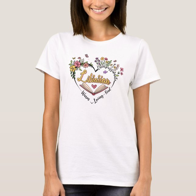 Compassionate Librarian – Floral Heart Design T-Shirt (Front)