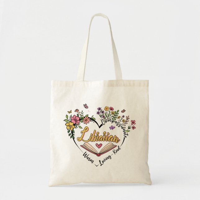 Compassionate Librarian – Floral Heart Design Tote Bag (Front)