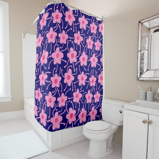 Competing Flowers - Neon Red and Pink on Deep Navy Shower Curtain (In Situ)