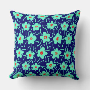 Competing Flowers - Turquoise and Red on Deep Navy Cushion