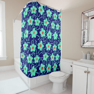 Competing Flowers - Turquoise and Red on Deep Navy Shower Curtain