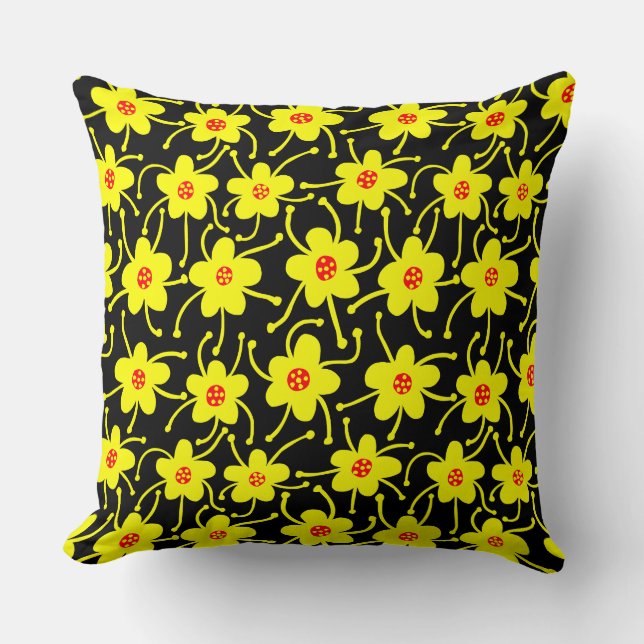 Competing Flowers - Yellow and Red on Black Cushion (Front)