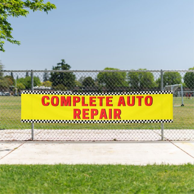 Complete Auto Repair Chequered Flag Large Yellow  Banner (Insitu)