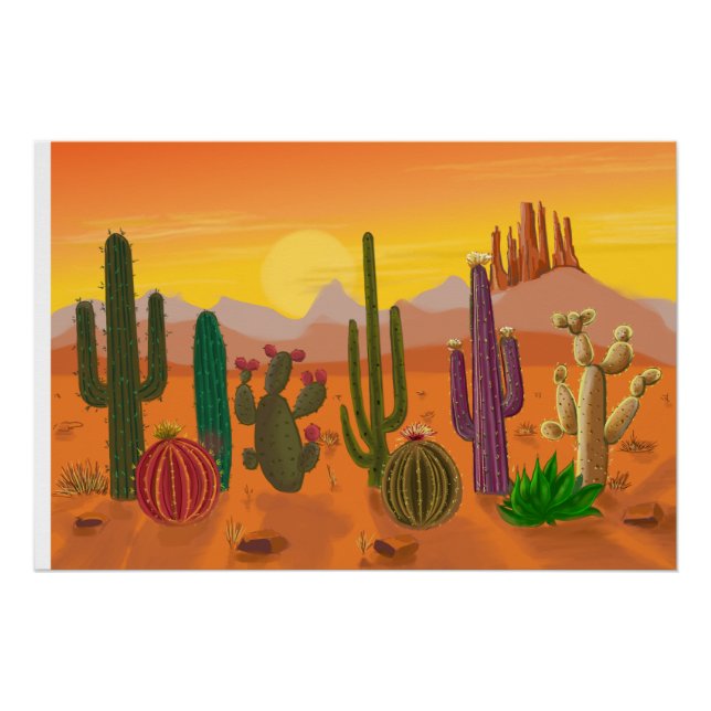 Complete cactus varieties, prickly plants poster (Front)