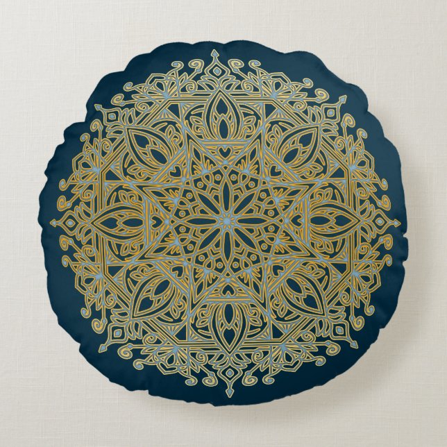 Complex Blue & Gold Mandala Round Cushion (Front)
