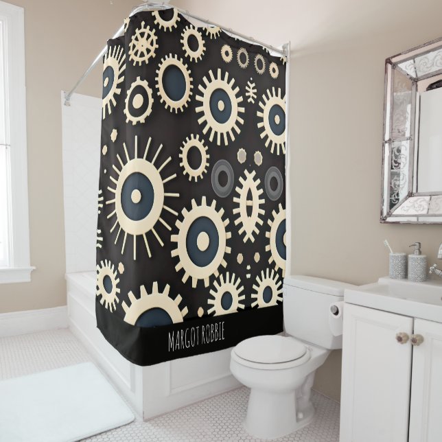 Complex Gears Beige Geometric Pattern Shower Curtain (In Situ)