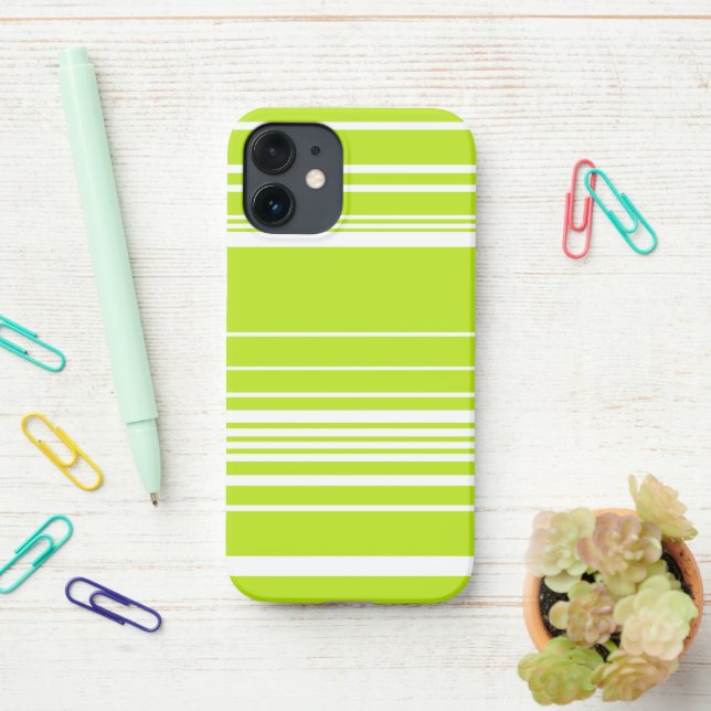 Complex Stripes in Lime Green and White  iPhone Case (On Desk)