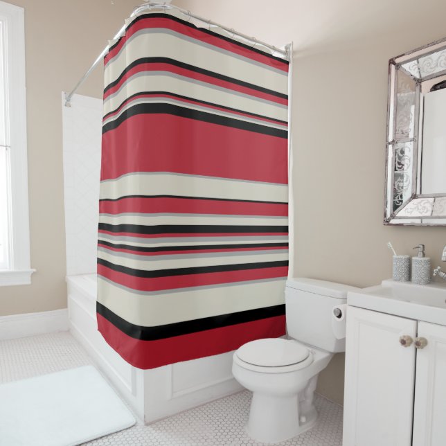 Complex Stripes - Red, Grey, Black and Bone White Shower Curtain (In Situ)