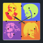 Composer Pop Art Music Clock<br><div class="desc">Hang this ultra cool popart art music clock featuring silhouettes of Brahms, Mozart, Beethoven and Bach in an office, music room, den or other room in your home. Great gift idea for a music teacher.</div>