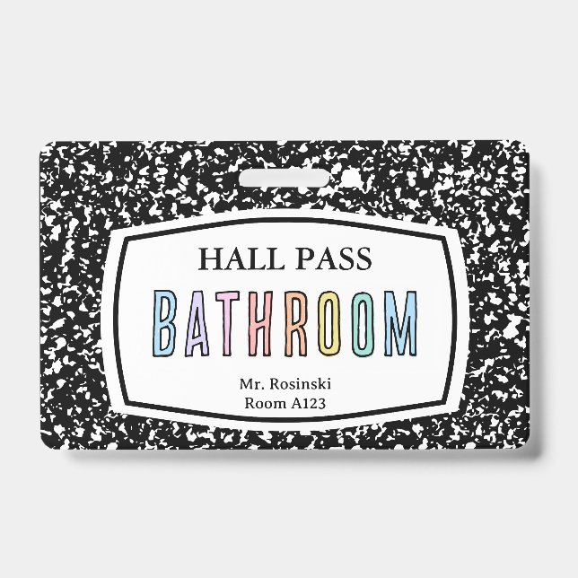 composition book bathroom hall pass lanyard ID badge (Front)