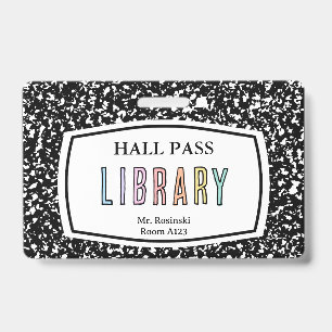 composition book library hall pass lanyard ID badge