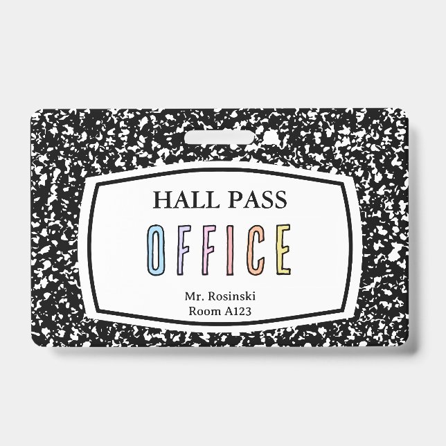 composition book office hall pass for teachers ID badge (Front)