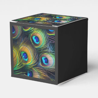 Composition of bright peacock feathers favour box