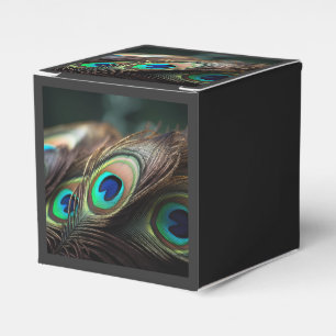 Composition of bright peacock feathers favour box