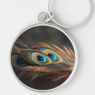Composition of bright peacock feathers key ring