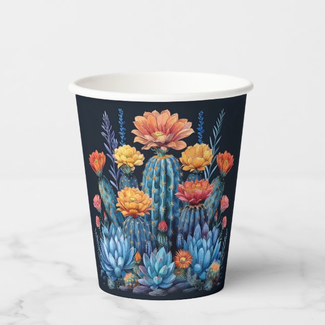 Composition of flowering cacti, succulents paper cups (Front)