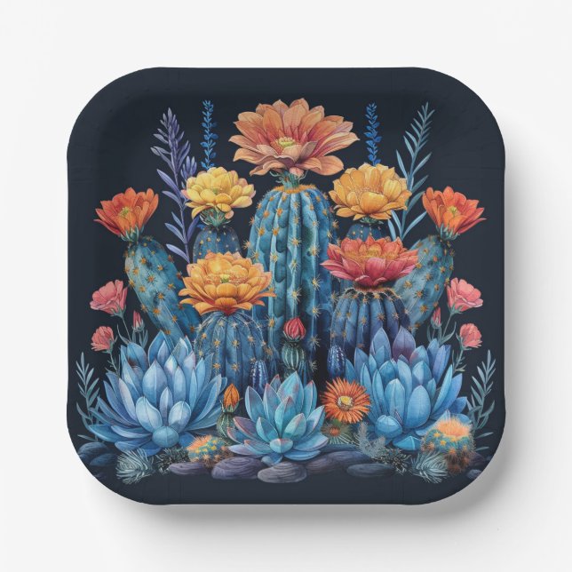 Composition of flowering cacti, succulents paper plate (Front)