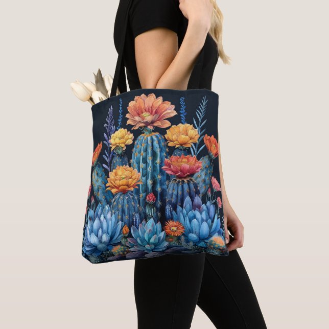Composition of flowering cacti, succulents tote bag (Close Up)