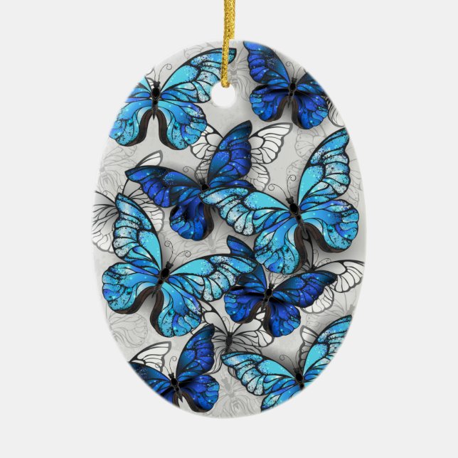 Composition of White and Blue Butterflies Ceramic Tree Decoration (Front)