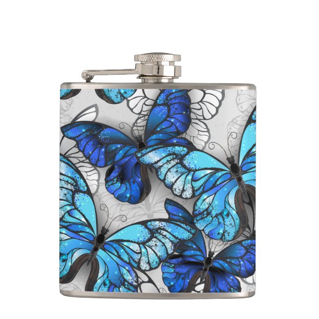 Composition of White and Blue Butterflies Hip Flask (Front)