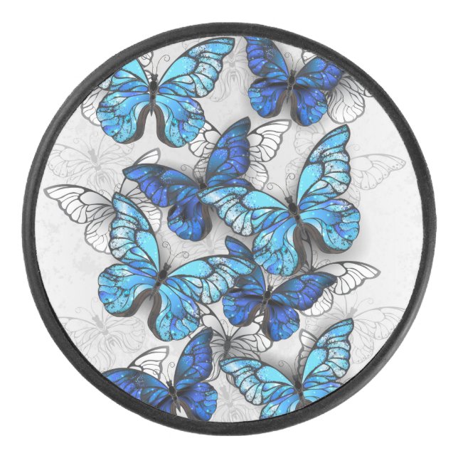 Composition of White and Blue Butterflies Hockey Puck (Front)