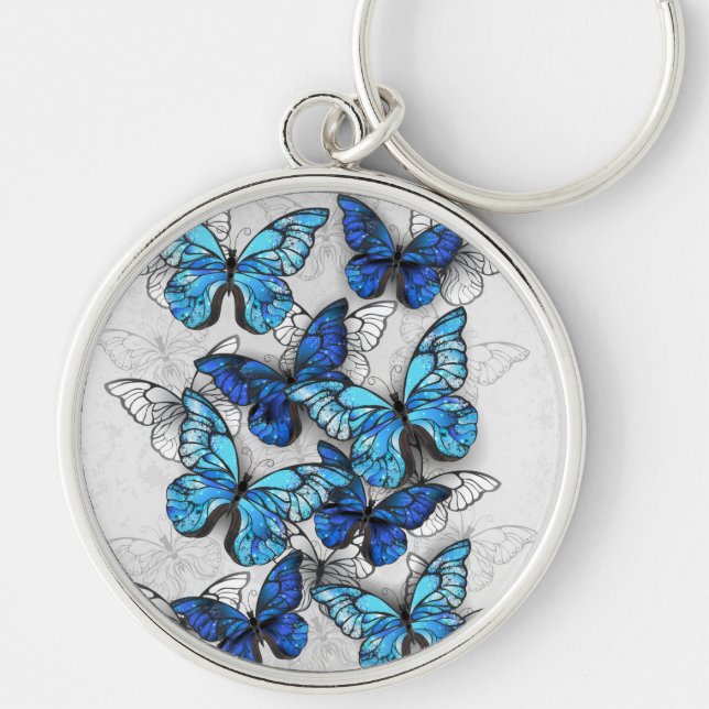 Composition of White and Blue Butterflies Key Ring (Front)
