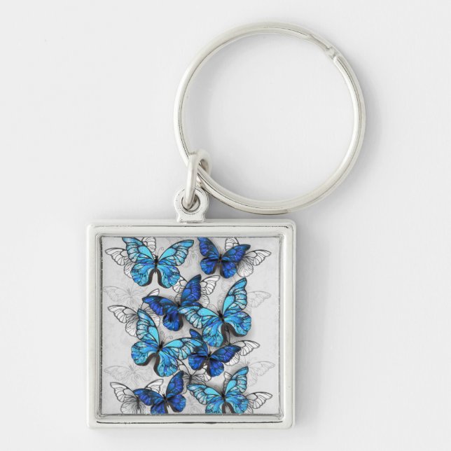 Composition of White and Blue Butterflies Key Ring (Front)