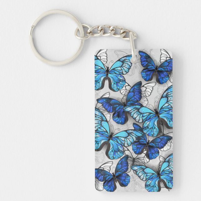 Composition of White and Blue Butterflies Key Ring (Front)
