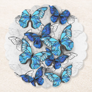 Composition of White and Blue Butterflies Paper Coaster