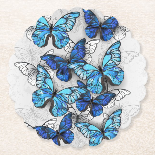 Composition of White and Blue Butterflies Paper Coaster (Front)